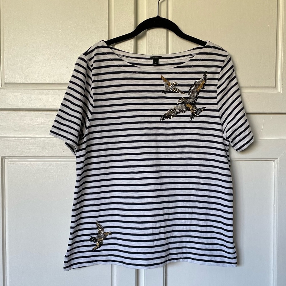 J. Crew Striped T-shirt with sequined and beaded birds size large